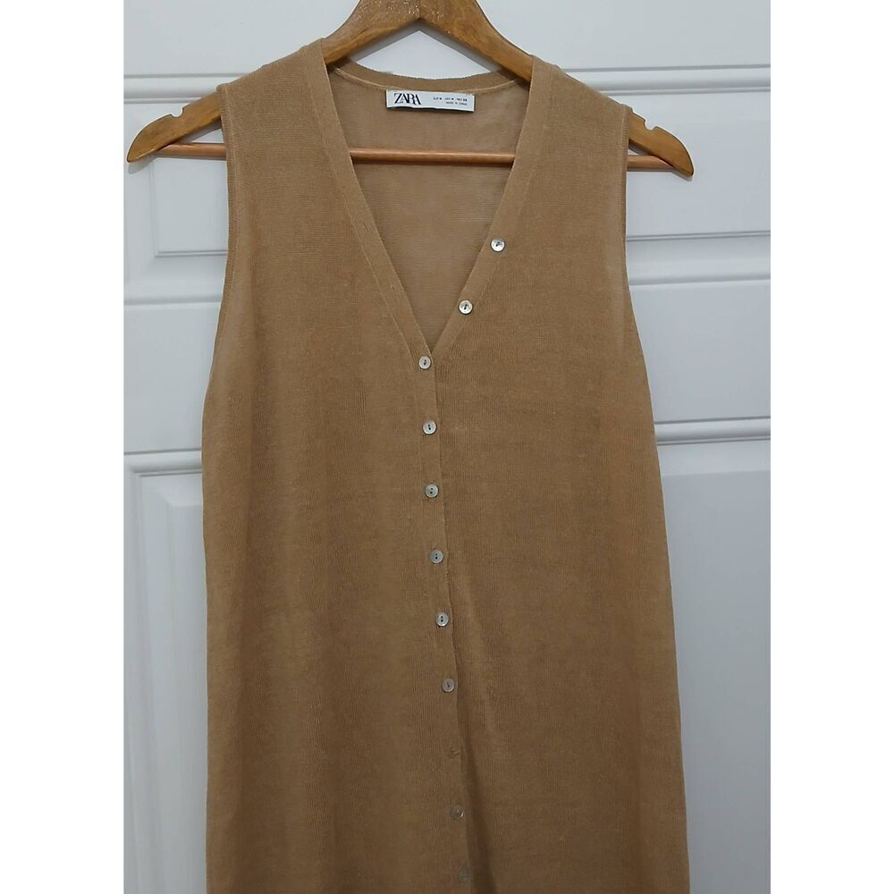 Zara womens medium linen nylon knit long maxi vest dress tan split sides - Picture 3 of 8